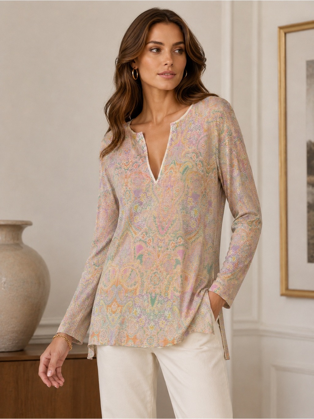 Lauren Ralph Lauren 100% Silk Paisley V-Neck Blouse Multicolor Women Size L - Picture 3 of 12
